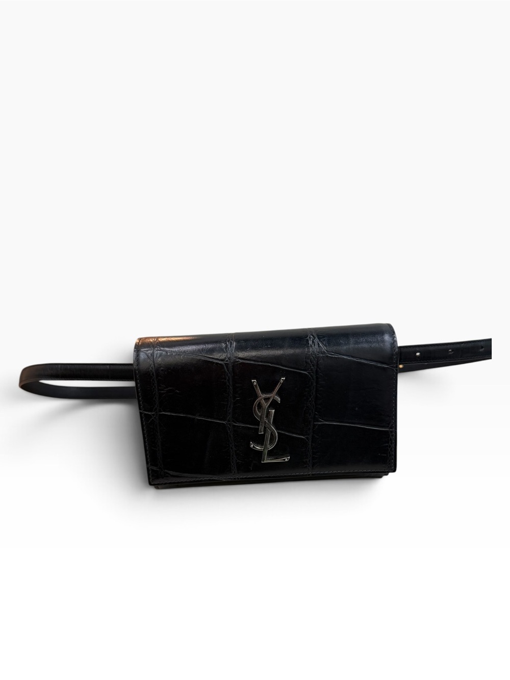 Saint Laurent Kate Black Croc-Embossed Leather Shoulder Belt Bag
